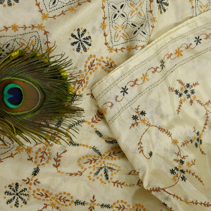 Indian Vintage Sari Ivory Artificial Silk Hand Embroidered Kantha Sarees Craft Fabric 5yd Sewing Soft Dress Making Crafting Upcycle Quilting