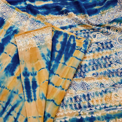 Indian Vintage Saree Pure Crepe Silk Hand Embroidered Tie-Dye Sari Fabric 5yard Sewing Craft Fabric Ethnic Dressmaking Crafting Zardozi Zari