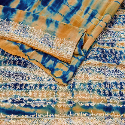 Indian Vintage Saree Pure Crepe Silk Hand Embroidered Tie-Dye Sari Fabric 5yard Sewing Craft Fabric Ethnic Dressmaking Crafting Zardozi Zari