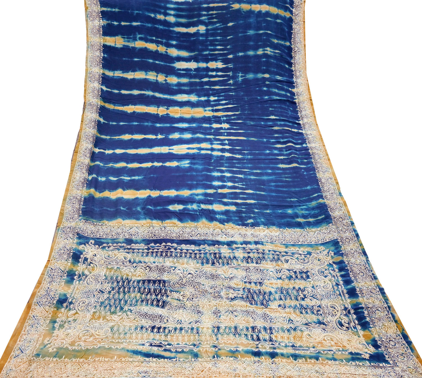 Indian Vintage Saree Pure Crepe Silk Hand Embroidered Tie-Dye Sari Fabric 5yard Sewing Craft Fabric Ethnic Dressmaking Crafting Zardozi Zari