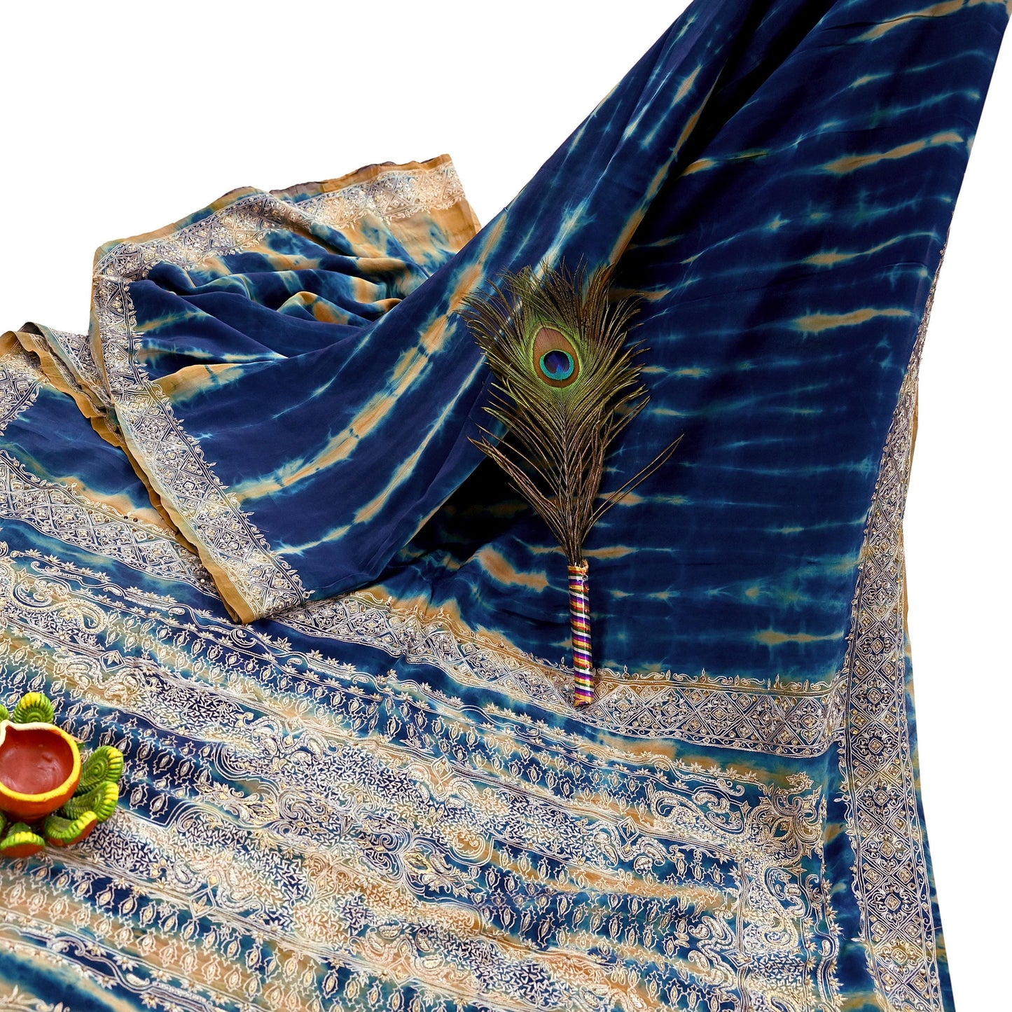 Indian Vintage Saree Pure Crepe Silk Hand Embroidered Tie-Dye Sari Fabric 5yard Sewing Craft Fabric Ethnic Dressmaking Crafting Zardozi Zari