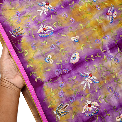 Indian Vintage Saree Purple & Yellow Pure Crepe Silk Hand Embroidered Tie-Dye Sari Fabric 5yard Sewing Craft Fabric Ethnic Dressmaking