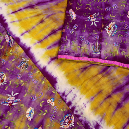 Indian Vintage Saree Purple & Yellow Pure Crepe Silk Hand Embroidered Tie-Dye Sari Fabric 5yard Sewing Craft Fabric Ethnic Dressmaking
