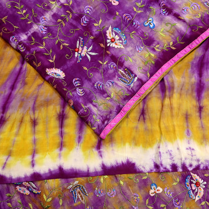 Indian Vintage Saree Purple & Yellow Pure Crepe Silk Hand Embroidered Tie-Dye Sari Fabric 5yard Sewing Craft Fabric Ethnic Dressmaking