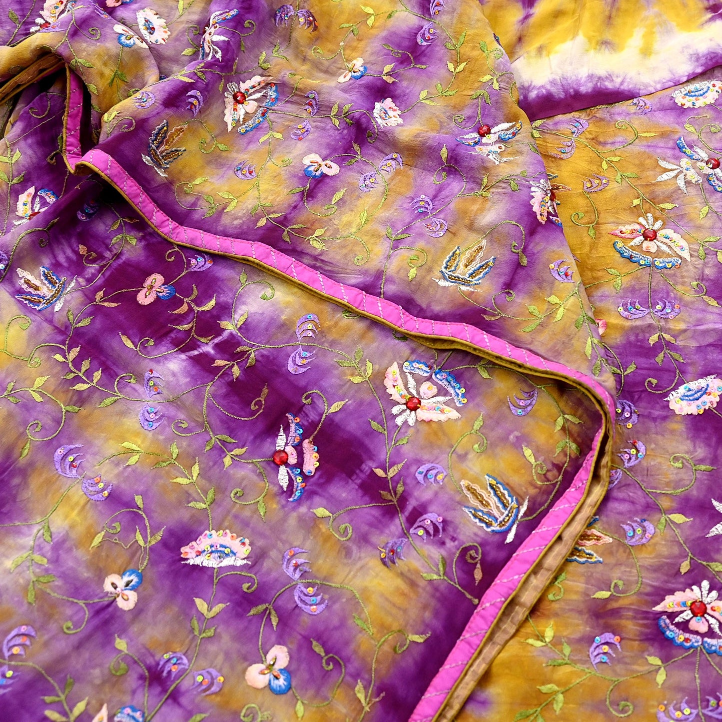 Indian Vintage Saree Purple & Yellow Pure Crepe Silk Hand Embroidered Tie-Dye Sari Fabric 5yard Sewing Craft Fabric Ethnic Dressmaking