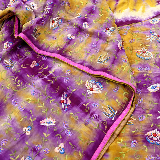 Indian Vintage Saree Purple & Yellow Pure Crepe Silk Hand Embroidered Tie-Dye Sari Fabric 5yard Sewing Craft Fabric Ethnic Dressmaking