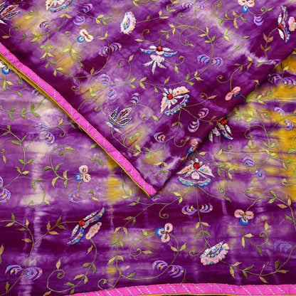 Indian Vintage Saree Purple & Yellow Pure Crepe Silk Hand Embroidered Tie-Dye Sari Fabric 5yard Sewing Craft Fabric Ethnic Dressmaking