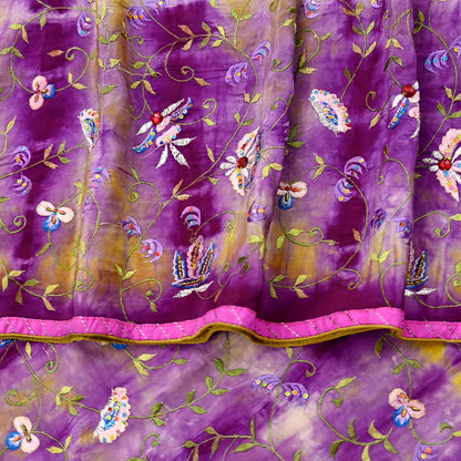 Indian Vintage Saree Purple & Yellow Pure Crepe Silk Hand Embroidered Tie-Dye Sari Fabric 5yard Sewing Craft Fabric Ethnic Dressmaking
