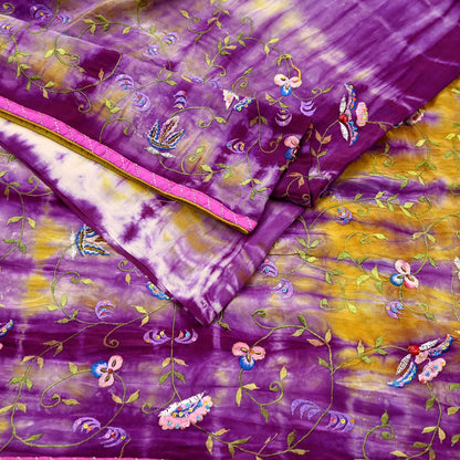 Indian Vintage Saree Purple & Yellow Pure Crepe Silk Hand Embroidered Tie-Dye Sari Fabric 5yard Sewing Craft Fabric Ethnic Dressmaking
