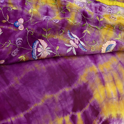 Indian Vintage Saree Purple & Yellow Pure Crepe Silk Hand Embroidered Tie-Dye Sari Fabric 5yard Sewing Craft Fabric Ethnic Dressmaking