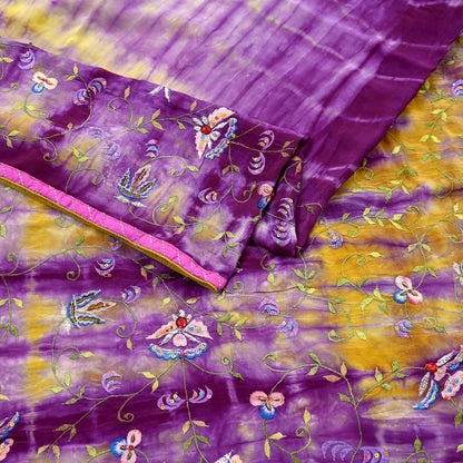 Indian Vintage Saree Purple & Yellow Pure Crepe Silk Hand Embroidered Tie-Dye Sari Fabric 5yard Sewing Craft Fabric Ethnic Dressmaking