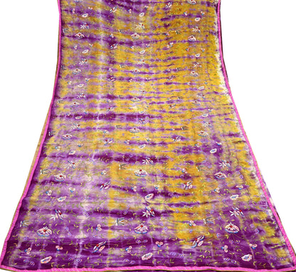 Indian Vintage Saree Purple & Yellow Pure Crepe Silk Hand Embroidered Tie-Dye Sari Fabric 5yard Sewing Craft Fabric Ethnic Dressmaking