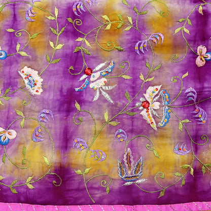 Indian Vintage Saree Purple & Yellow Pure Crepe Silk Hand Embroidered Tie-Dye Sari Fabric 5yard Sewing Craft Fabric Ethnic Dressmaking