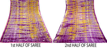Indian Vintage Saree Purple & Yellow Pure Crepe Silk Hand Embroidered Tie-Dye Sari Fabric 5yard Sewing Craft Fabric Ethnic Dressmaking