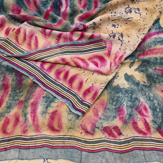 Indian Women Vintage Sari Beige 100% Pure Georgette Silk Printed Saree Sewing 5yd Soft Craft Fabric Dress Making Dress Designing