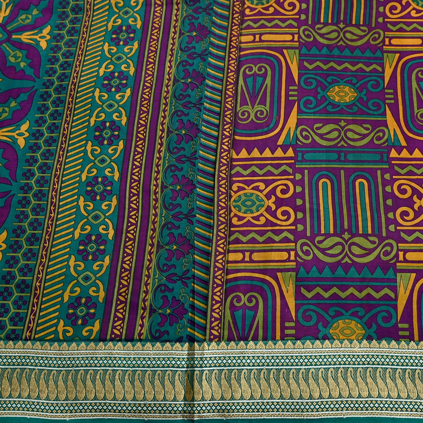 Indian Vintage Sari Green & Purple 100% Pure Silk Printed Sarees 5yd Sewing Craft Fabric Dress Making Soft Woven Border Upcycle Quilting