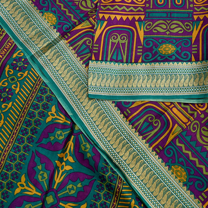 Indian Vintage Sari Green & Purple 100% Pure Silk Printed Sarees 5yd Sewing Craft Fabric Dress Making Soft Woven Border Upcycle Quilting