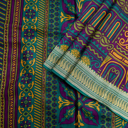 Indian Vintage Sari Green & Purple 100% Pure Silk Printed Sarees 5yd Sewing Craft Fabric Dress Making Soft Woven Border Upcycle Quilting