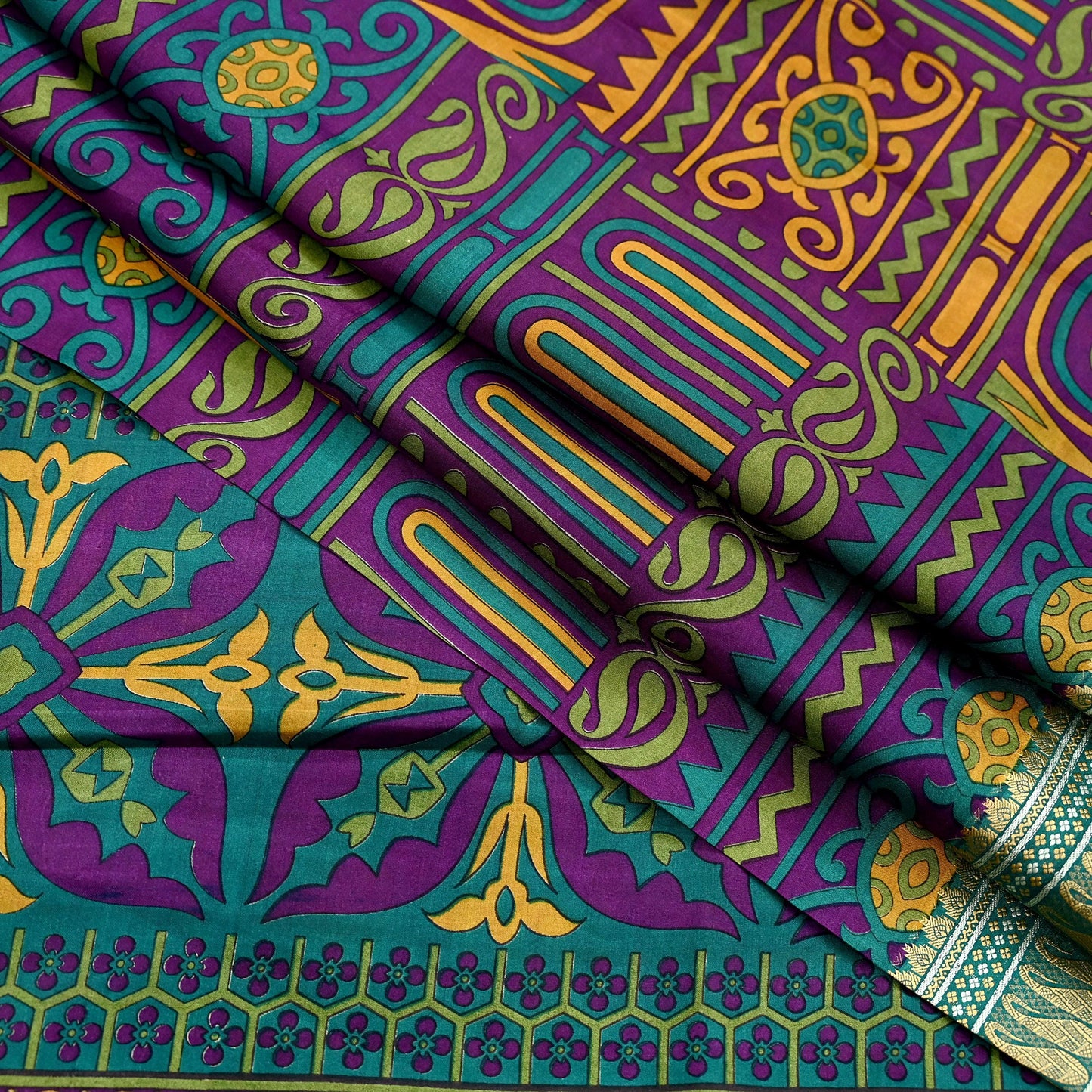 Indian Vintage Sari Green & Purple 100% Pure Silk Printed Sarees 5yd Sewing Craft Fabric Dress Making Soft Woven Border Upcycle Quilting