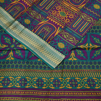 Indian Vintage Sari Green & Purple 100% Pure Silk Printed Sarees 5yd Sewing Craft Fabric Dress Making Soft Woven Border Upcycle Quilting