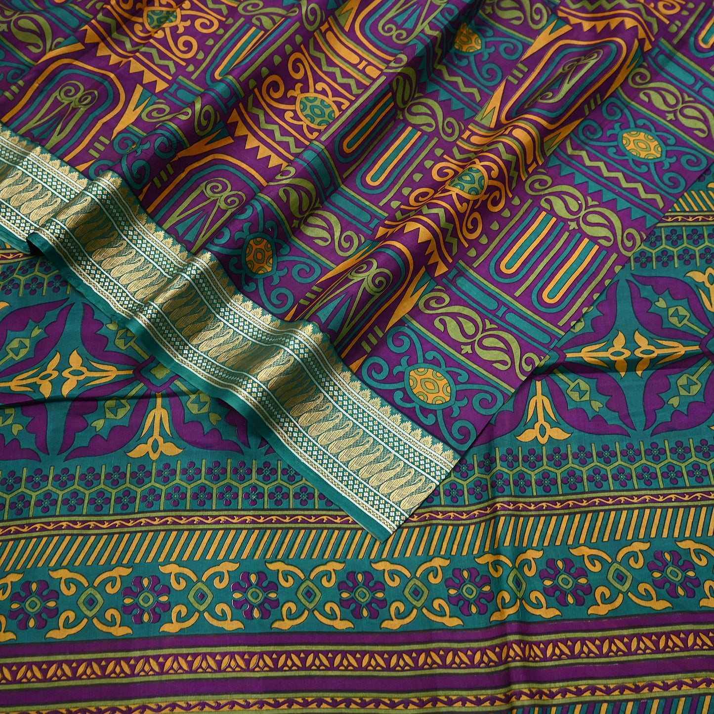 Indian Vintage Sari Green & Purple 100% Pure Silk Printed Sarees 5yd Sewing Craft Fabric Dress Making Soft Woven Border Upcycle Quilting