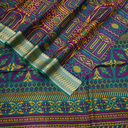Indian Vintage Sari Green & Purple 100% Pure Silk Printed Sarees 5yd Sewing Craft Fabric Dress Making Soft Woven Border Upcycle Quilting