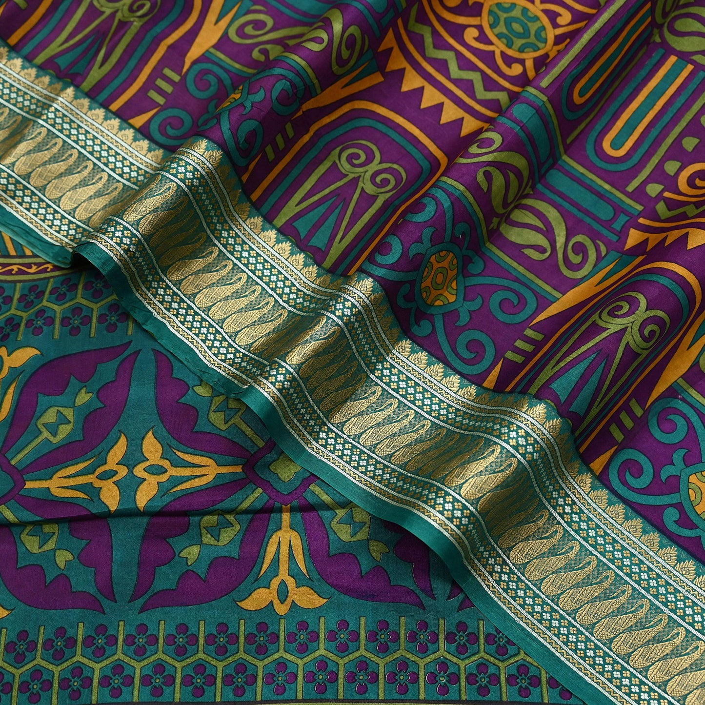 Indian Vintage Sari Green & Purple 100% Pure Silk Printed Sarees 5yd Sewing Craft Fabric Dress Making Soft Woven Border Upcycle Quilting