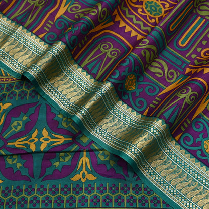 Indian Vintage Sari Green & Purple 100% Pure Silk Printed Sarees 5yd Sewing Craft Fabric Dress Making Soft Woven Border Upcycle Quilting