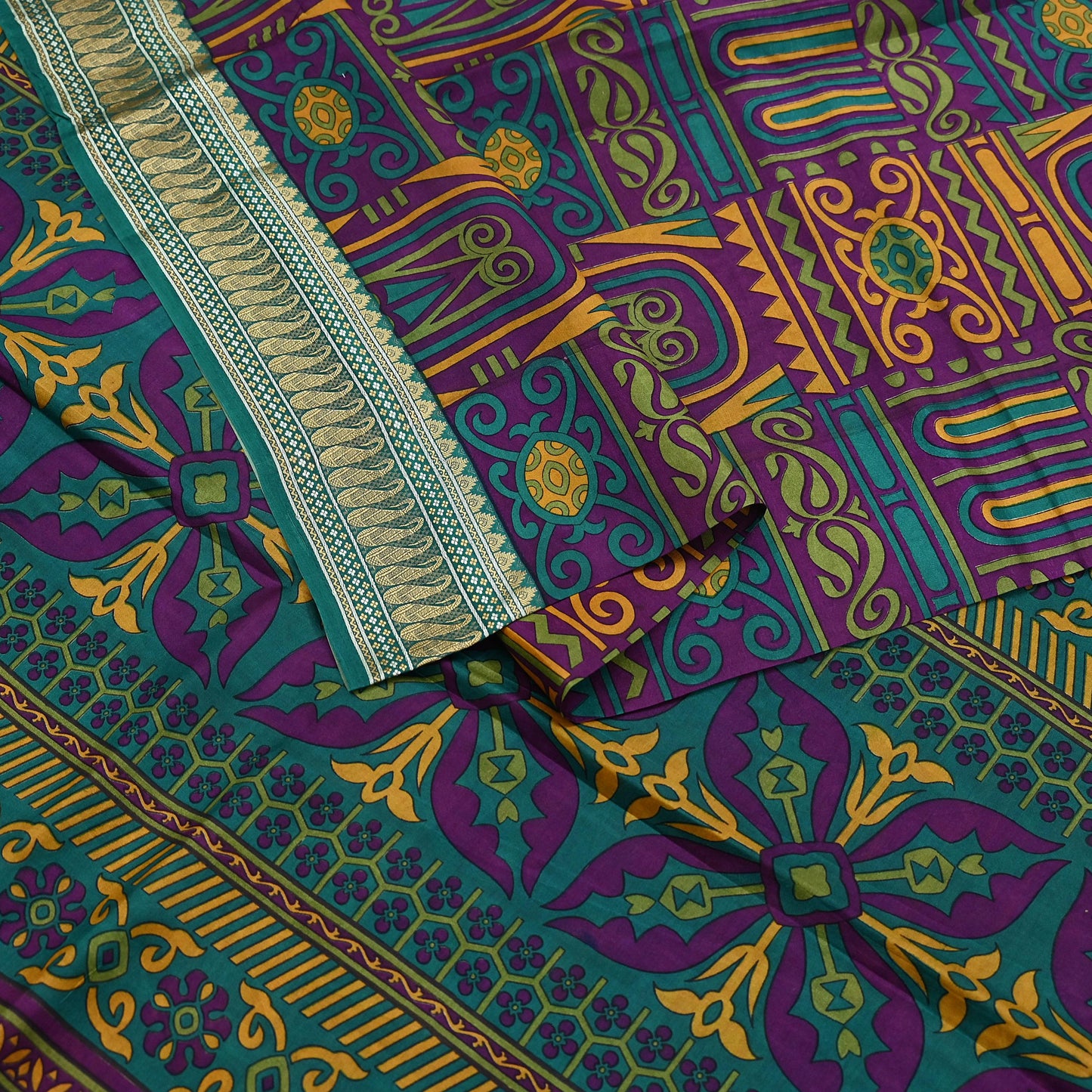 Indian Vintage Sari Green & Purple 100% Pure Silk Printed Sarees 5yd Sewing Craft Fabric Dress Making Soft Woven Border Upcycle Quilting