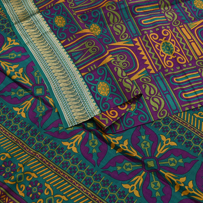 Indian Vintage Sari Green & Purple 100% Pure Silk Printed Sarees 5yd Sewing Craft Fabric Dress Making Soft Woven Border Upcycle Quilting