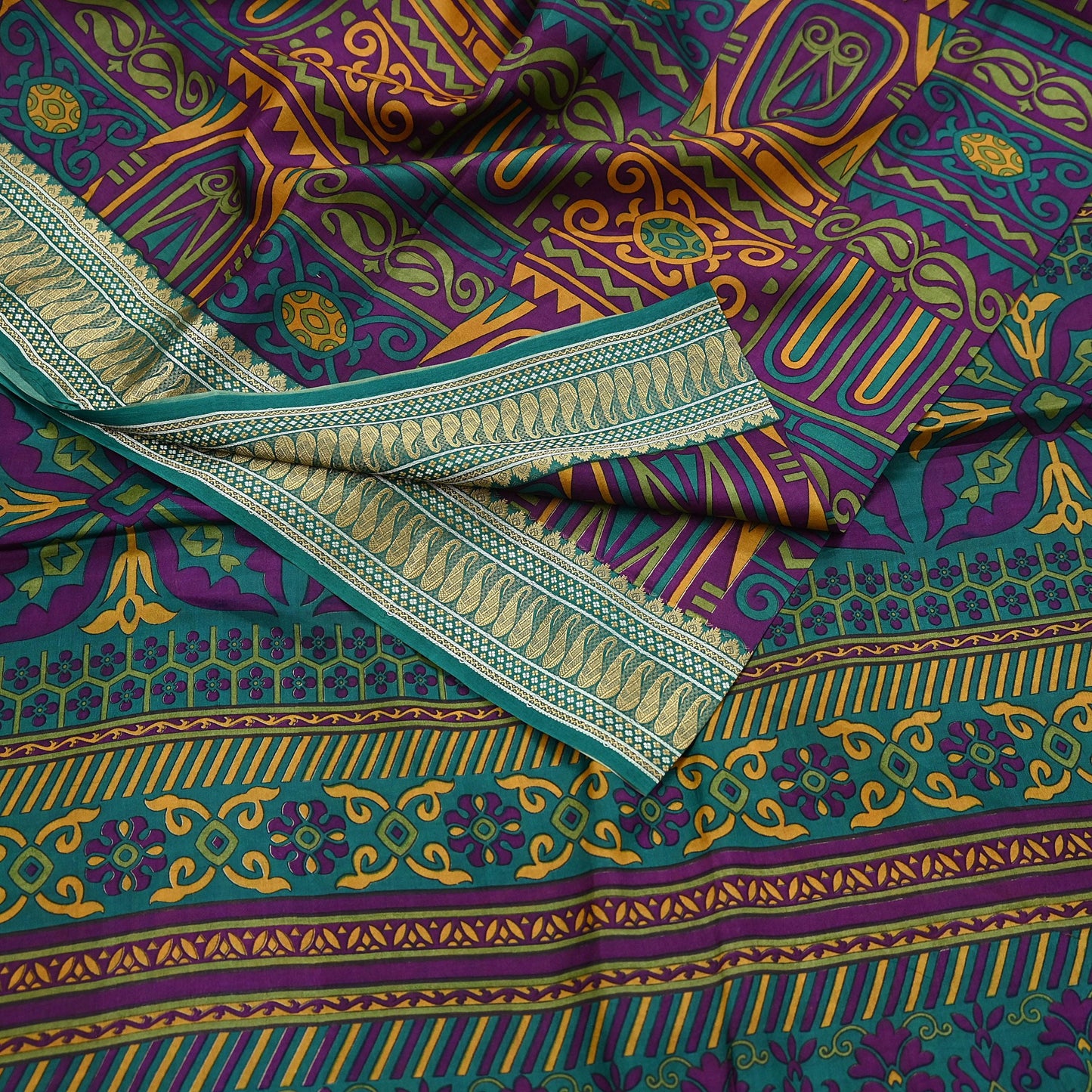 Indian Vintage Sari Green & Purple 100% Pure Silk Printed Sarees 5yd Sewing Craft Fabric Dress Making Soft Woven Border Upcycle Quilting