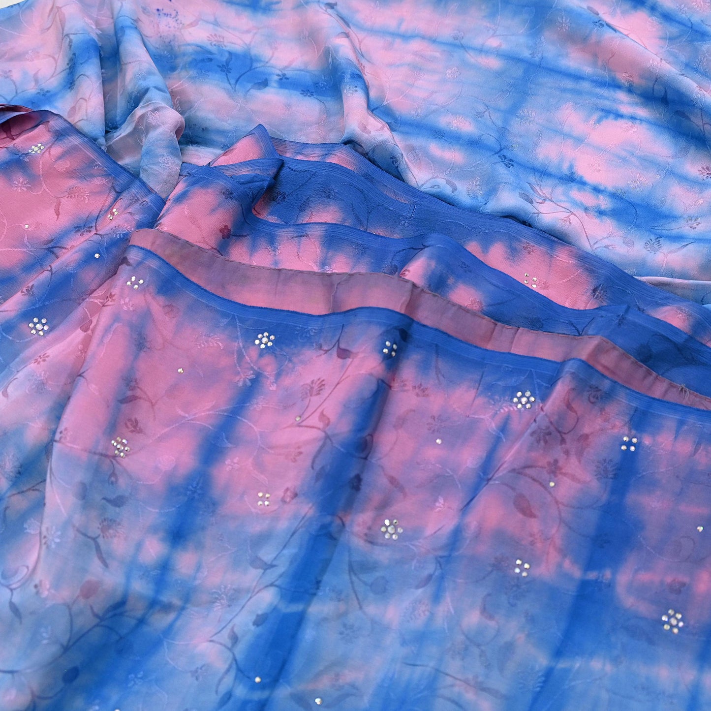 Indian Vintage Pink & Blue Saree Pure Crepe Silk Hand Embroidered Tie-Dye Sari Fabric 5yard Sewing Craft Fabric Ethnic Sequins Dressmaking