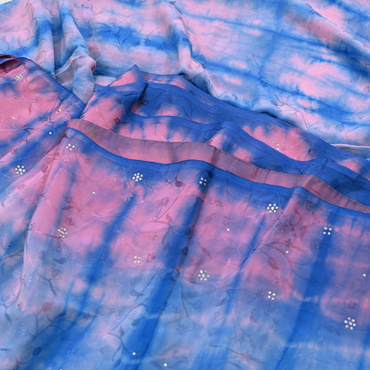 Indian Vintage Pink & Blue Saree Pure Crepe Silk Hand Embroidered Tie-Dye Sari Fabric 5yard Sewing Craft Fabric Ethnic Sequins Dressmaking