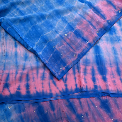 Indian Vintage Pink & Blue Saree Pure Crepe Silk Hand Embroidered Tie-Dye Sari Fabric 5yard Sewing Craft Fabric Ethnic Sequins Dressmaking