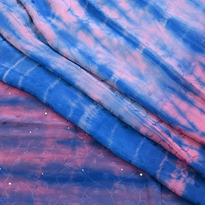 Indian Vintage Pink & Blue Saree Pure Crepe Silk Hand Embroidered Tie-Dye Sari Fabric 5yard Sewing Craft Fabric Ethnic Sequins Dressmaking