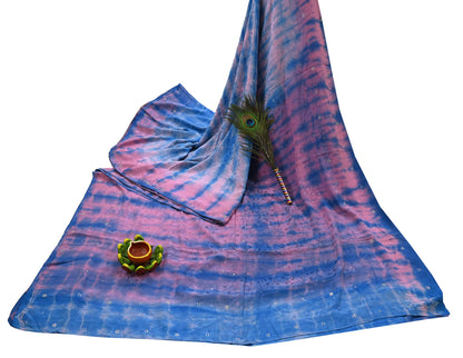 Indian Vintage Pink & Blue Saree Pure Crepe Silk Hand Embroidered Tie-Dye Sari Fabric 5yard Sewing Craft Fabric Ethnic Sequins Dressmaking