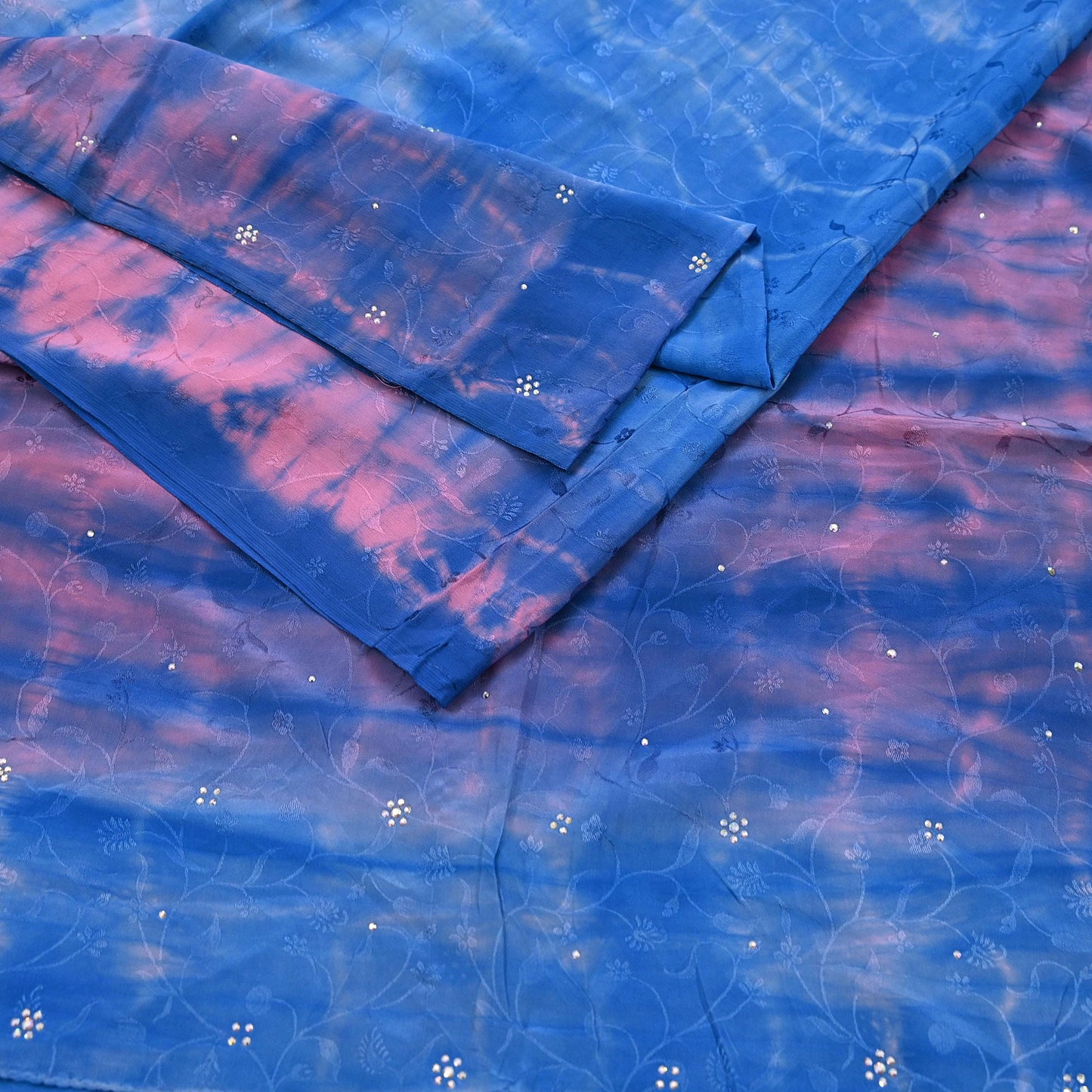 Indian Vintage Pink & Blue Saree Pure Crepe Silk Hand Embroidered Tie-Dye Sari Fabric 5yard Sewing Craft Fabric Ethnic Sequins Dressmaking