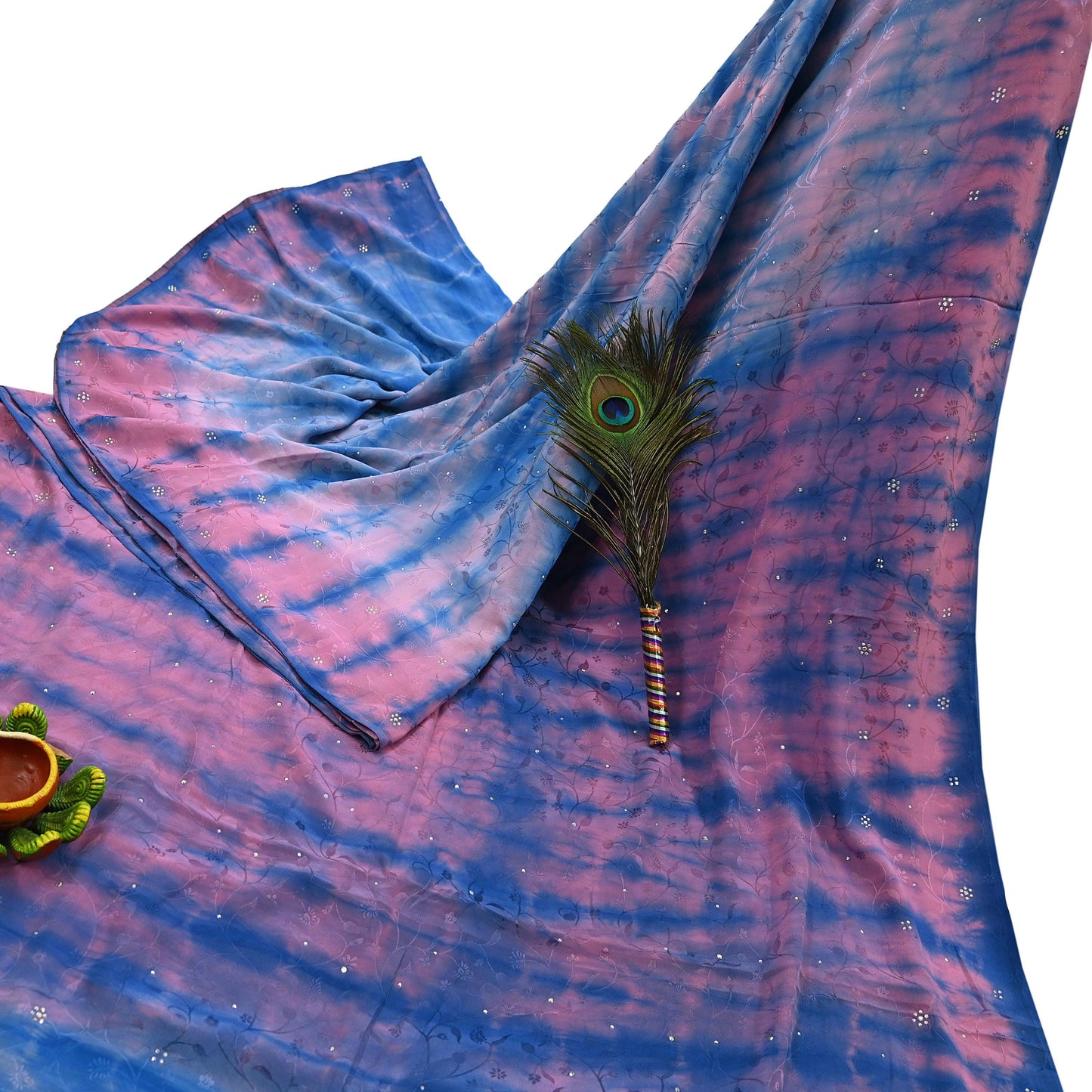 Indian Vintage Pink & Blue Saree Pure Crepe Silk Hand Embroidered Tie-Dye Sari Fabric 5yard Sewing Craft Fabric Ethnic Sequins Dressmaking