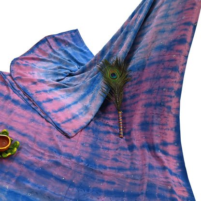 Indian Vintage Pink & Blue Saree Pure Crepe Silk Hand Embroidered Tie-Dye Sari Fabric 5yard Sewing Craft Fabric Ethnic Sequins Dressmaking