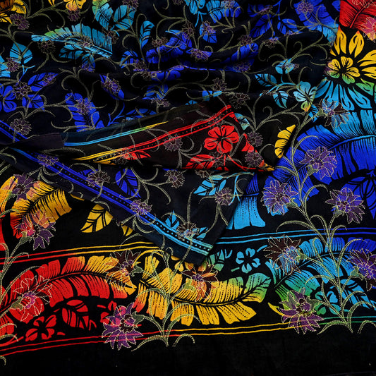 Vintage Sari Black Pure Silk Printed Saree Craft Fabric 5yard Sewing Floral Soft Dress Designing for Crafting Upcycle Quilting