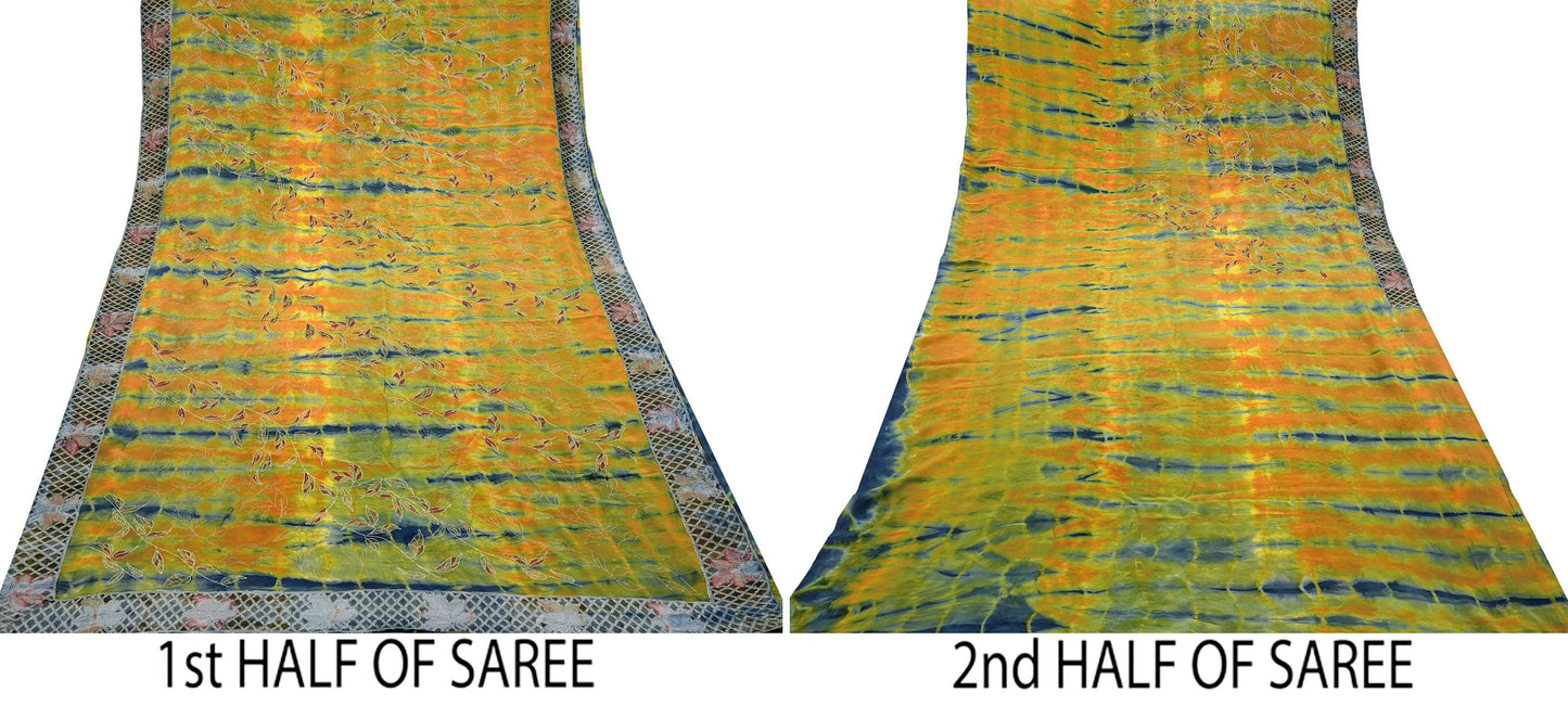 Indian Vintage Sari Multi Pure Crepe Silk Hand Embroidered Sarees 6yd Sewing Floral Craft Zari Dress making Crafting Quilting