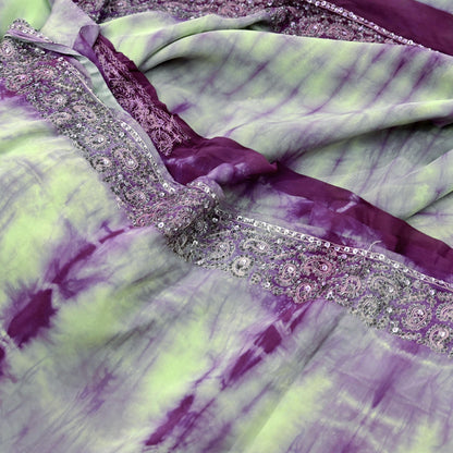 Indian Vintage Purple & Green Saree Pure Crepe Silk Hand Embroidered Tie-Dye Sari Fabric 5yard Sewing Craft Fabric Ethnic zari