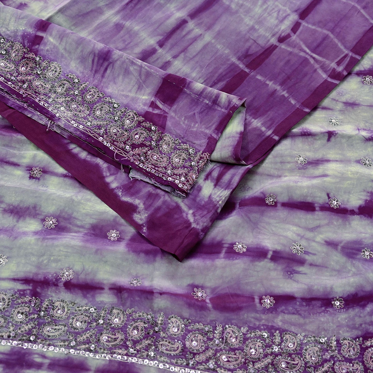 Indian Vintage Purple & Green Saree Pure Crepe Silk Hand Embroidered Tie-Dye Sari Fabric 5yard Sewing Craft Fabric Ethnic zari
