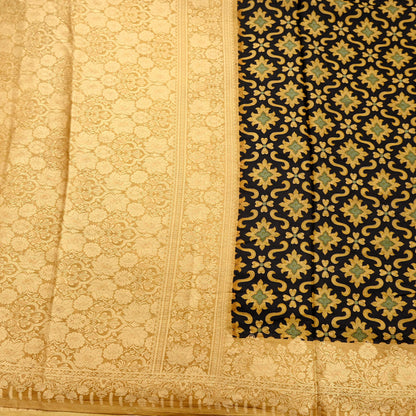 Vintage Sari Beige & Black Pure Silk Hand Woven Printed Saree Fabric 5yard Sewing Dress Designing for Crafting Quilting Upcycle Soft Border
