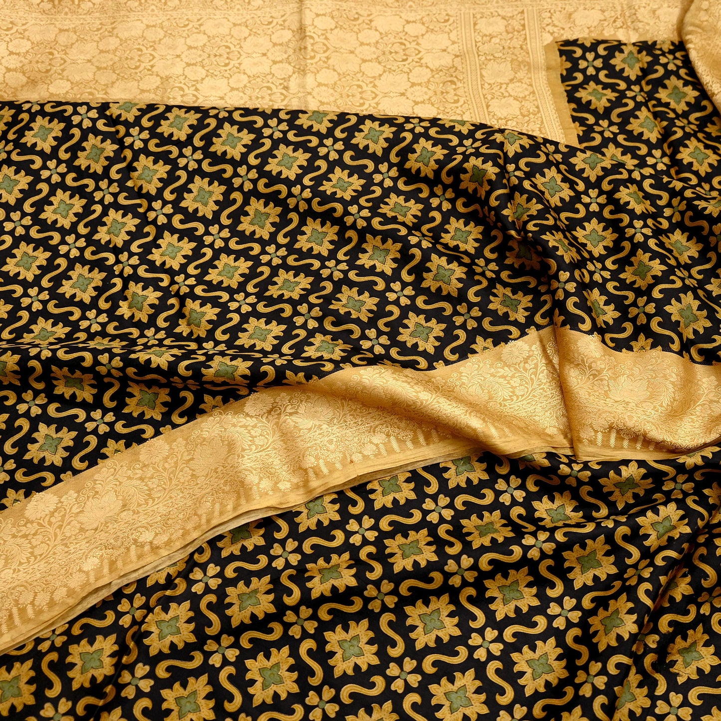 Vintage Sari Beige & Black Pure Silk Hand Woven Printed Saree Fabric 5yard Sewing Dress Designing for Crafting Quilting Upcycle Soft Border