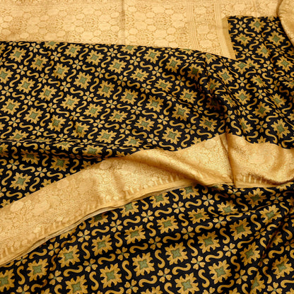 Vintage Sari Beige & Black Pure Silk Hand Woven Printed Saree Fabric 5yard Sewing Dress Designing for Crafting Quilting Upcycle Soft Border