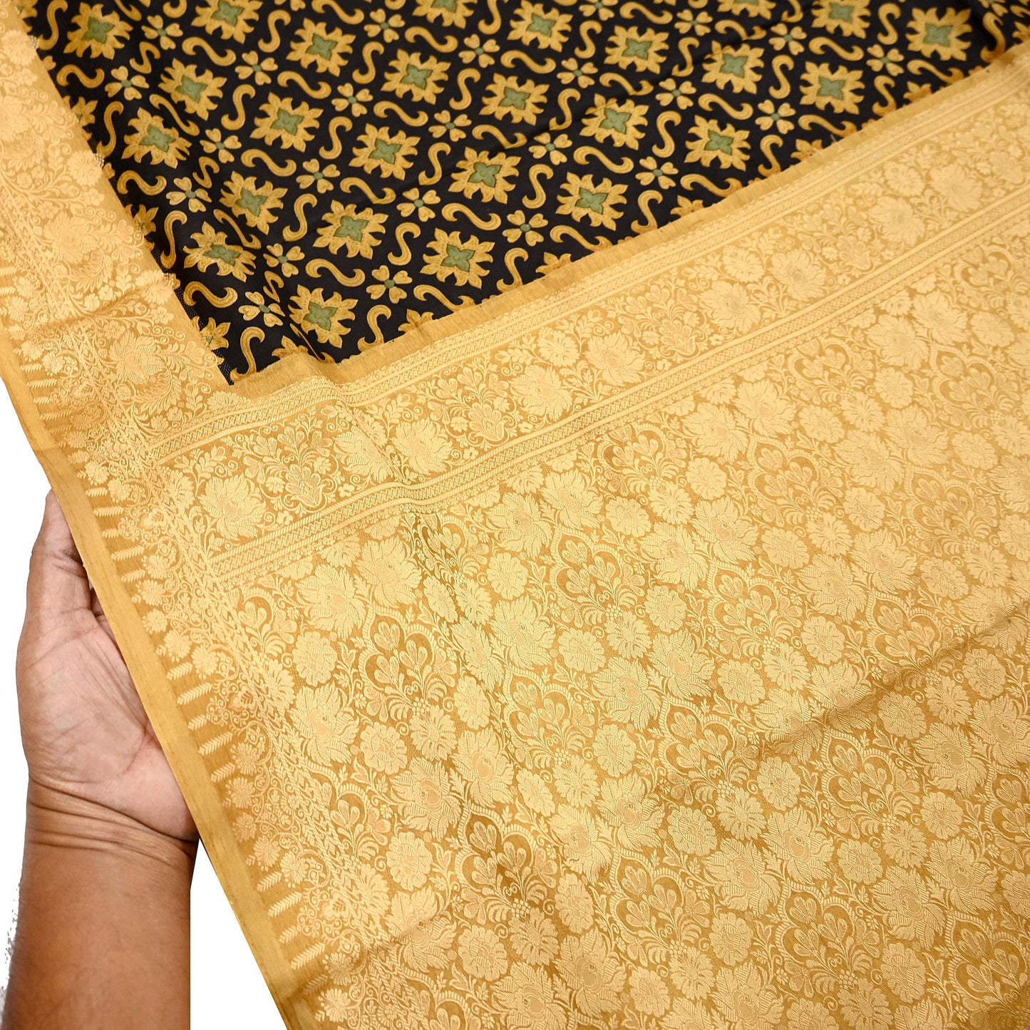 Vintage Sari Beige & Black Pure Silk Hand Woven Printed Saree Fabric 5yard Sewing Dress Designing for Crafting Quilting Upcycle Soft Border