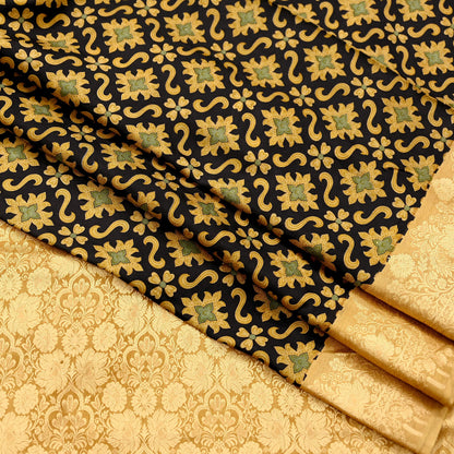Vintage Sari Beige & Black Pure Silk Hand Woven Printed Saree Fabric 5yard Sewing Dress Designing for Crafting Quilting Upcycle Soft Border
