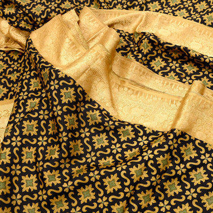 Vintage Sari Beige & Black Pure Silk Hand Woven Printed Saree Fabric 5yard Sewing Dress Designing for Crafting Quilting Upcycle Soft Border