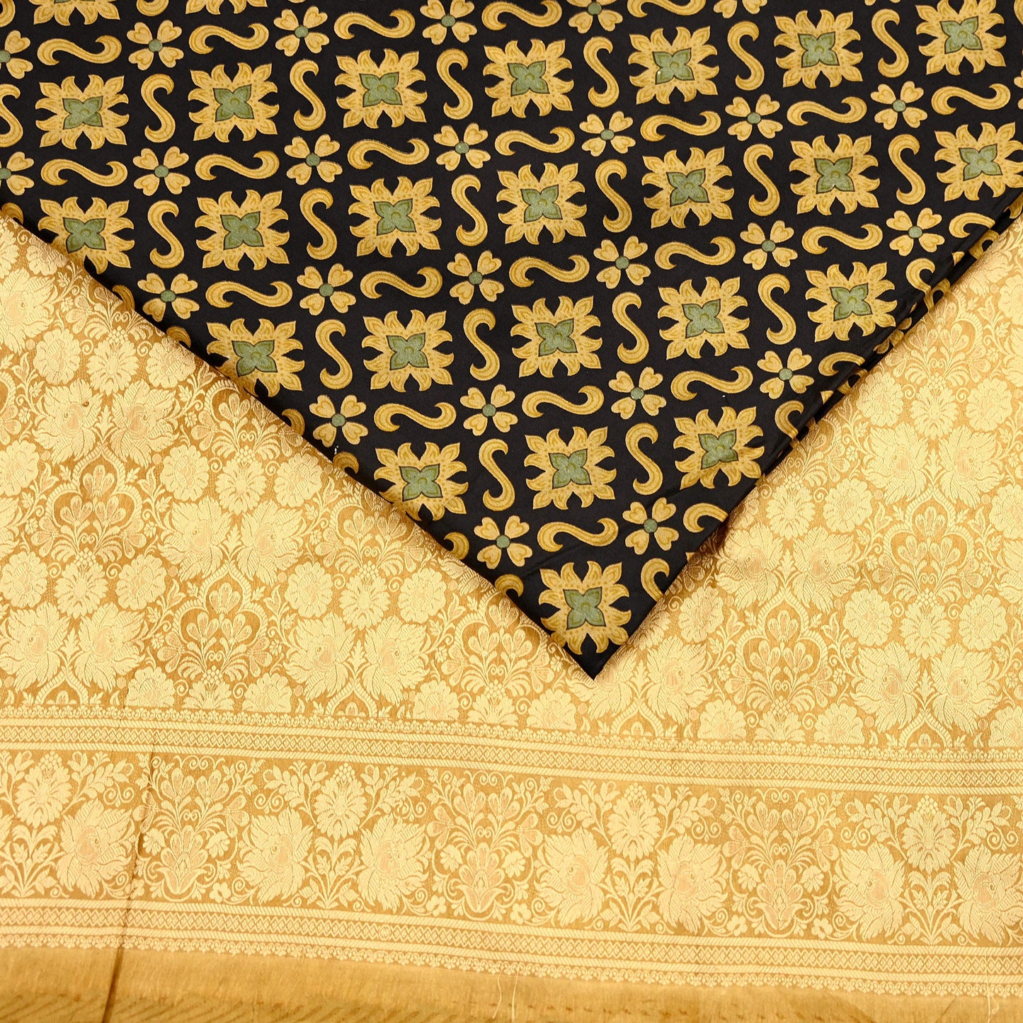 Vintage Sari Beige & Black Pure Silk Hand Woven Printed Saree Fabric 5yard Sewing Dress Designing for Crafting Quilting Upcycle Soft Border